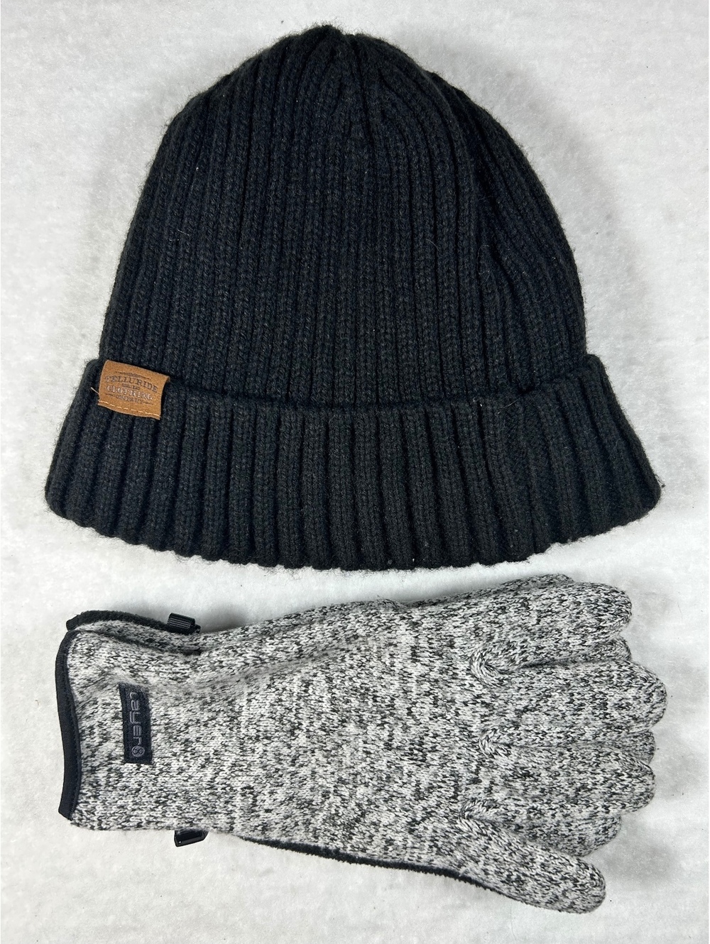 Telluride Clothing Company Black Knit Beanie Hat and Gray Fleece Lined Gloves